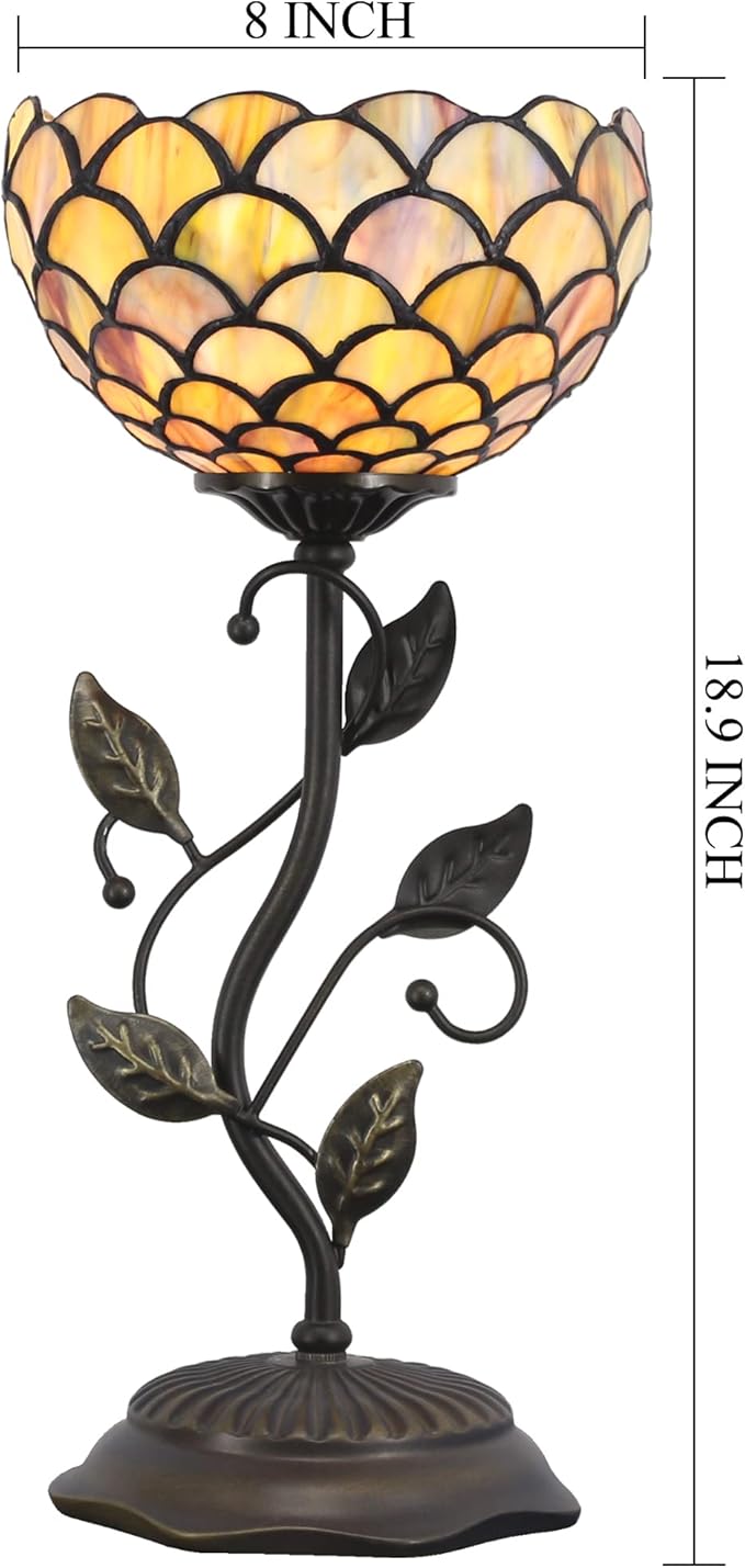 Small Tiffany Lamp Stained Glass Table Lamp Uplight Accent Lamp with Metal Leaf Base Yellow Fish Scales Style Desk Light 8X19 Inch for Home Office Living Room Bedroom