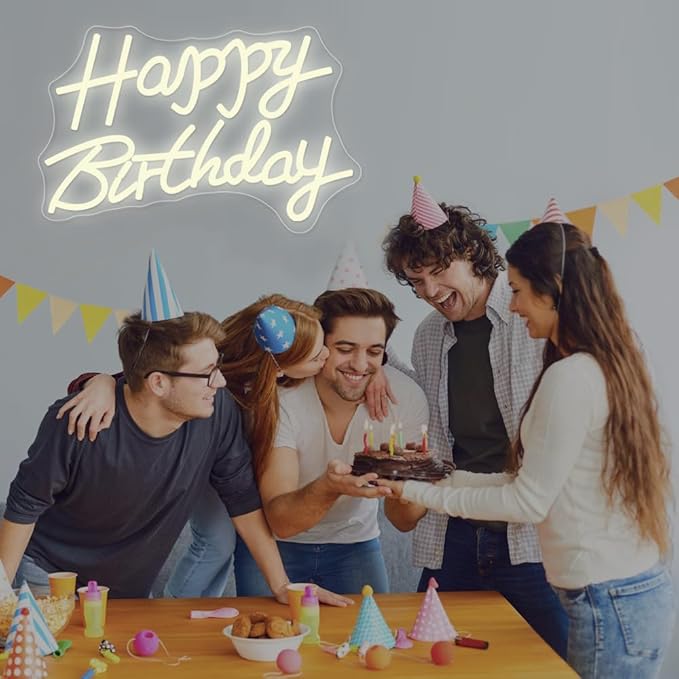 Happy Birthday Neon Sign for Wall Decor, Usb Powered with Dimmable Switch, Reusable Neon Light Sign for All Party Decoration Happy Birthday Signs (16" Warm white)