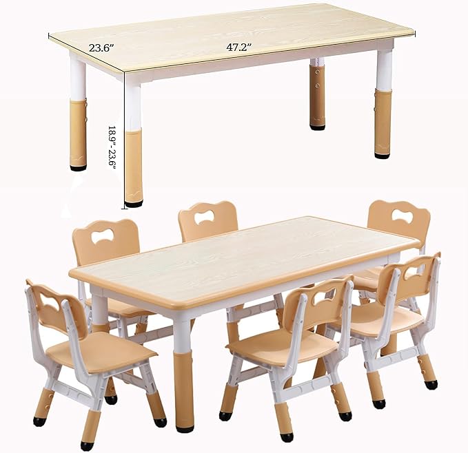 Kids Table and 6 Chair Set - Height Adjustable, Multifunctional Desk, Ergonomically Designed Chairs, Max 300lbs, for Ages 2-10, Classroom, Daycares, Home