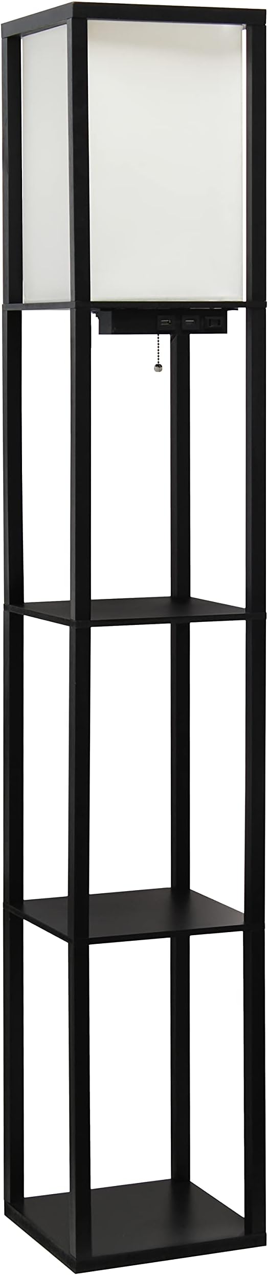 Simple Designs LF1037-BLK Floor Lamp Etagere Organizer Storage Shelf with 2 USB Charging Ports, 1 Charging Outlet and Linen Shade, Black