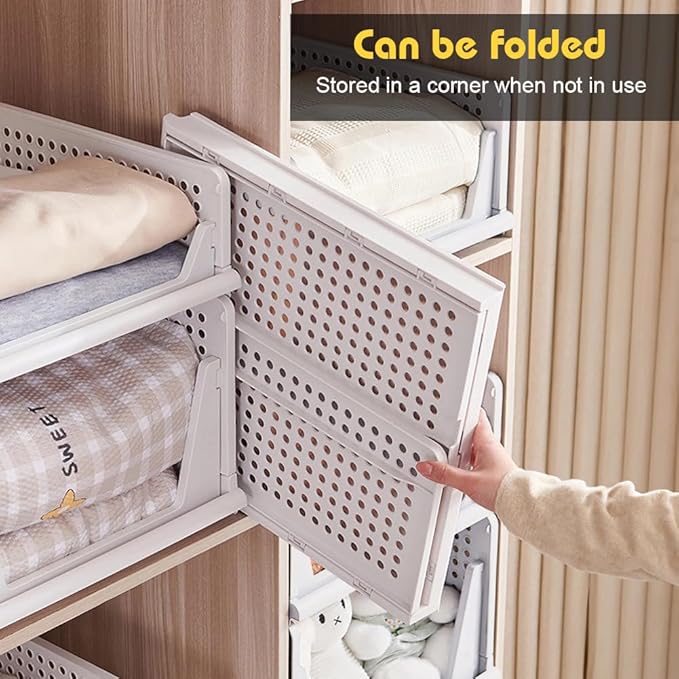 XL Stackable Plastic Storage Basket, 4 Packs closet storage bins for clothes sweater organizer for closet Folding closet organizers and storage Closet Shelf Storage Container for Cupboard Bedroom 4XL