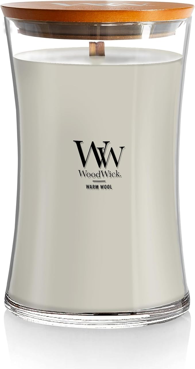 WoodWick Warm Wool Scented Hourglass Candle, Large 21.5 oz, with Crackling Pluswick Innovation, Up to 130 Hours of Smooth Soy-Paraffin Blend Burn Time