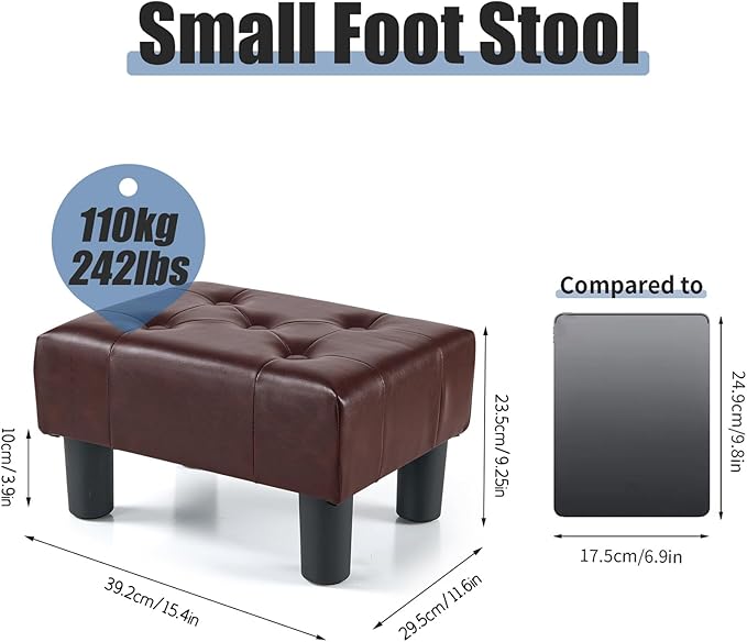 BRIAN & DANY Small Foot Stool, Leather Foot Stools with Legs, Stable Small Footstool for Living Room, Brown