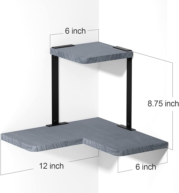SRIWATANA Rustic Corner Shelf, 2-Tier Wood Wall Shelf, Wall Mounted Storage Shelves for Bedroom, Living Room, Bathroom, Weathered Grey