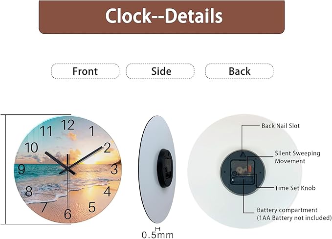 Beach Wall Clock Battery Operated 12 Inch Glass Wall Clock Non Ticking Analog Blue Clock for Bedroom Living Room Office