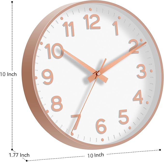 Wall Clock 10 Inch Silent Wall Clocks Battery Operated-Modern Non Ticking Analog Clock Decorative for Kitchen Bedroom Office Bathroom(White Rose Gold)