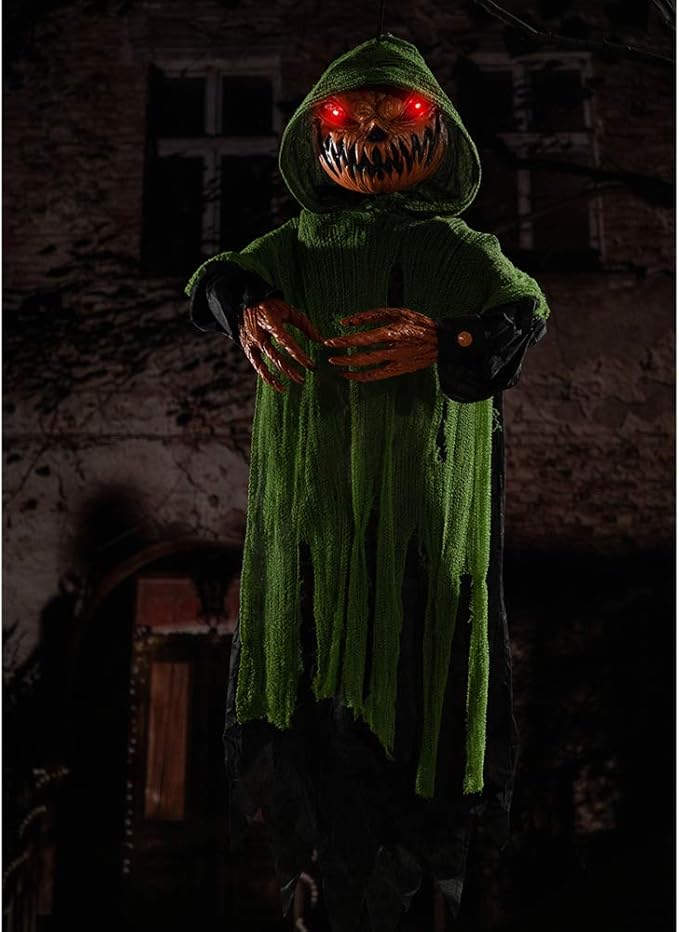 HollyHOME Animated Hanging Jack-O'-Lantern with Glowing Head and Creepy Sound Halloween Decorations Outdoor Haunted House Prop Decor 48 Inch