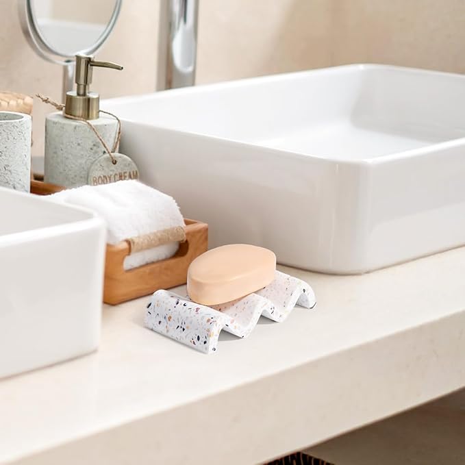 Luxspire Soap Dish for Bar Soap, Marble Shower Soap Dish, Self-draining Soap Tray, Soap Saver for Bathroom Shower Kitchen, Bathroom Soap Holder, Sponge Holder - Terrazzo