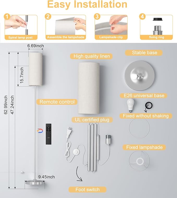 luckystyle LED Floor Lamp for Living Room, Dimmable Standing Lamps with Foot Switch,Remote Custom Color Temperature Silver Pole Lamp with Lampshade,12W Led Bulb Tall Lamps for Bedroom Office Kid Room