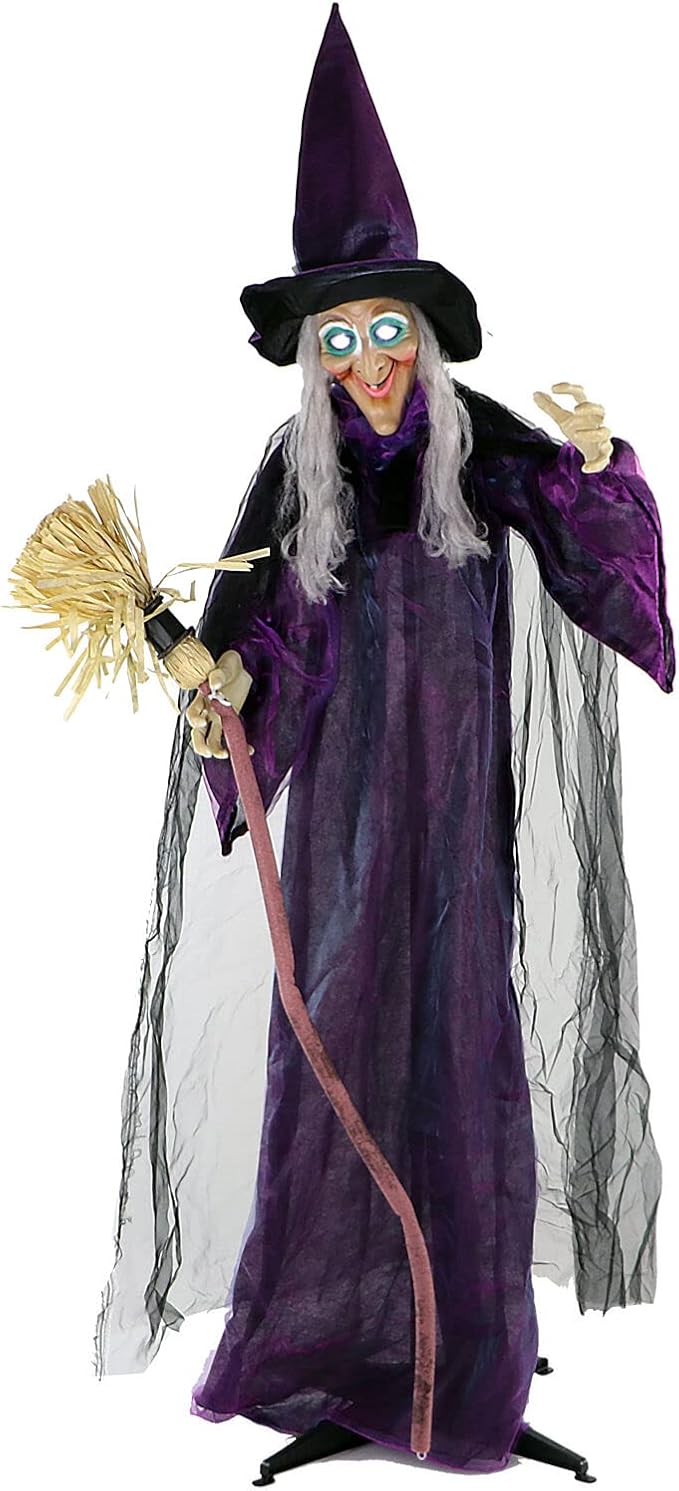 Haunted Hill Farm Life-Size Scary Talking Witch with Broomstick, Halloween Animatronic with Touch Activated Lights and Sound, Battery Operated Indoor or Covered Outdoor Halloween Decorations