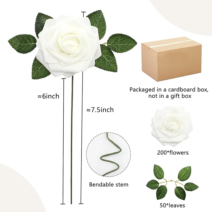 200PCS Artificial Flowers White Roses Real Looking Foam Fake Roses with Leaves and for DIY Wedding Bouquets Bridal Shower Centerpieces Party Decorations (White, 200)