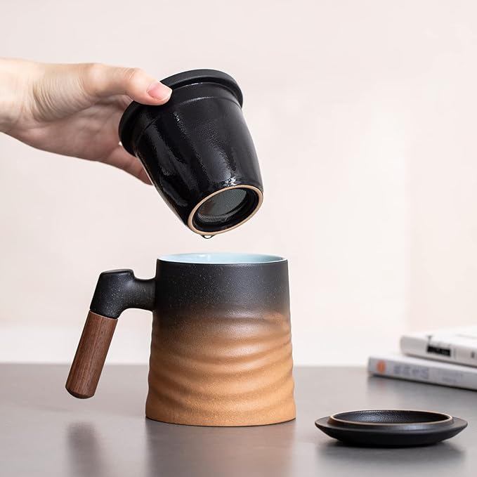 ZENS Tea Cup with Infuser and Lid, Wood Handle Loose Tea Steeper Mug, 12 Ounces Matte Gradient Embossed Ceramic Stainer Mug for Tea Gifts, Black &Brown