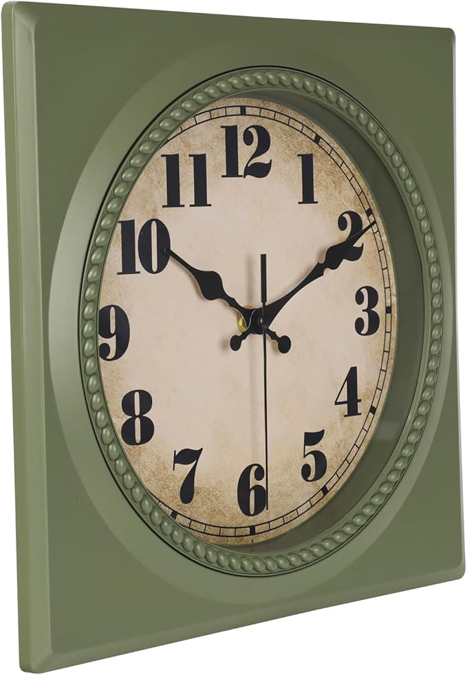 Vintage Wall Clock 1950s Style - Retro 50's Mid Century Square Wall Clocks Battery Operated for Kitchen Living Room Home Decor - 12 Inch, Olive Green