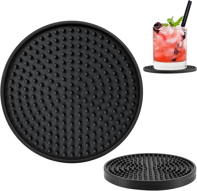 Silicone Coasters Set - Deep Grooved, Non-Slip & Non-Stick, Heat Resistant - Prevents Furniture & Tabletop Damages (Dots, 2Pack-Black)
