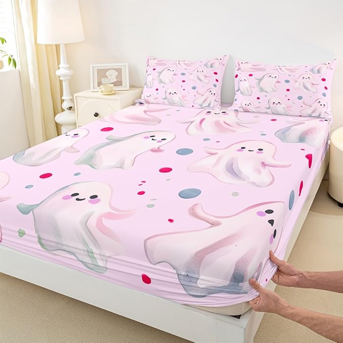 Feelyou Halloween 4 Pieces Sheet with 16 Inch Deep Pockets Queen Size Kids Cute Ghosts Bedding for Boys Girls Teens Pink Bed Sheets Set