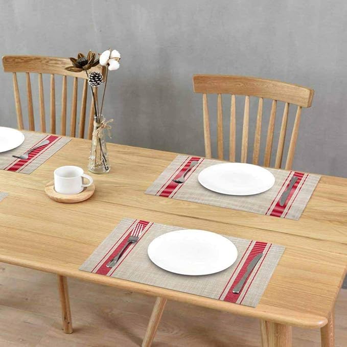 GIVERARE Placemats Set of 4, Heat-Resistant Woven Vinyl Placemat, Non-Slip Washable PVC Table Mat, Easy to Clean Premium Plastic Mats at for Dining, Kitchen Table (Stripe Red)