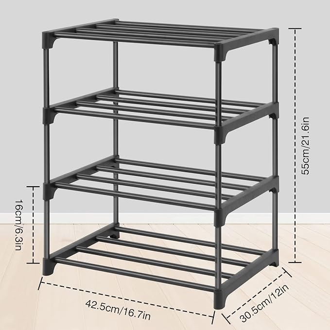 4-Tier Small Shoe Racks, Narrow Shoe Rack for 6-8 Pairs Shoe Storage,Kids Shoe Racks for Small Place,Lightweight Stackable Shoe Shelf Organizer for Closet,Black