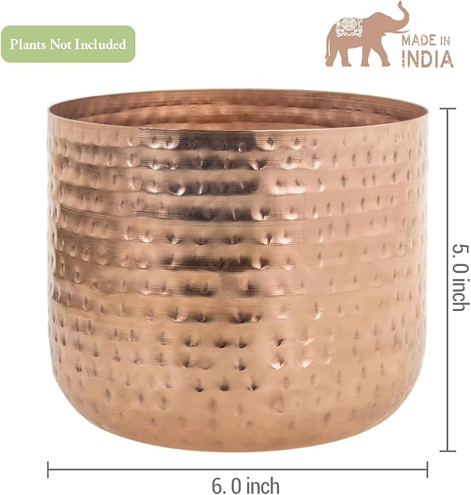 MyGift 6 Inch Copper Tone Metal Plant Pot with Hammered Design, Decorative Small Succulent Planter - Handcrafted in India