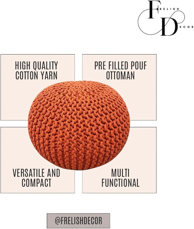 FRELISH DECOR Round Pouf Ottoman Hand Knitted 100% Cotton Pouf Foot Stool Knitted Bean Bag - Floor Chair for Living Room Bedroom - Foot Rest for Couch (20 Diameter x 14 Height) - Pumpkin Orange
