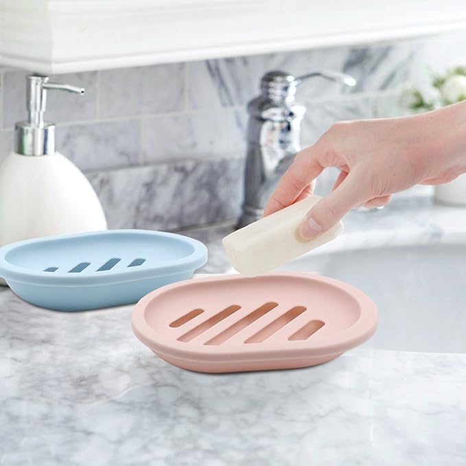 Topsky 2-Pack Soap Dish with Drain, Soap Holder & Saver, Easy Cleaning, Dry, Stop Mushy Soap (Blue)