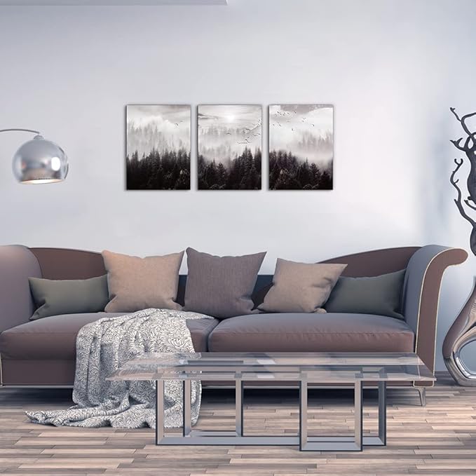 Canvas Wall Art - Boho Wall Decor for Living Room, Bedroom & Office - Foggy Forest Trees Scenery - Farmhouse Large Size 3 Piece
