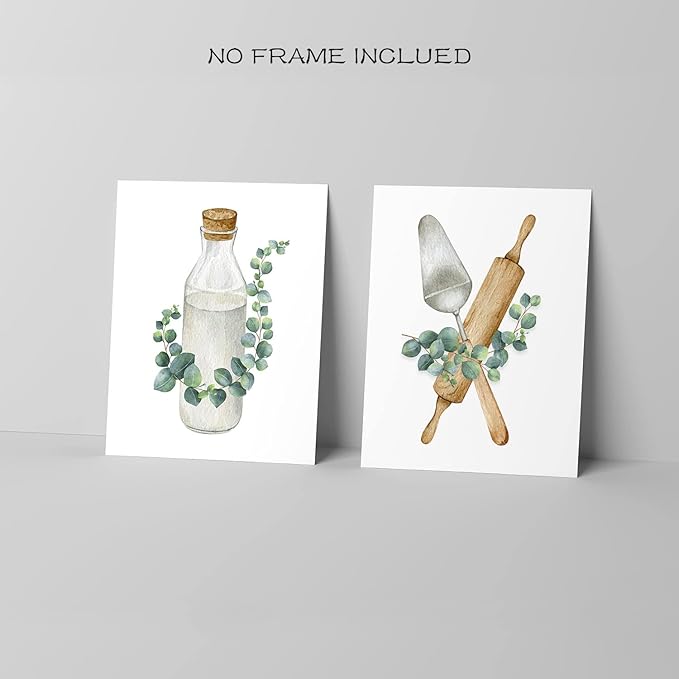 La Naranja Boho Kitchen Wall Decor Sage Green Plants Botanical Prints Eucalyptus Leaves Wall Art Minimalist Dining Room Artwork, Set of 4 Pictures, 8''x10'', UNFRAMED