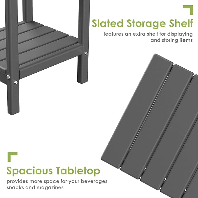 GREENVINES Adirondack-Outdoor-Side-Table | Set of 2 | 14 x 13 Inches | HDPE Plastic | All Weather | Grey | Outside End Tables | Storage Shelf | for Patio Porch Backyard Indoor