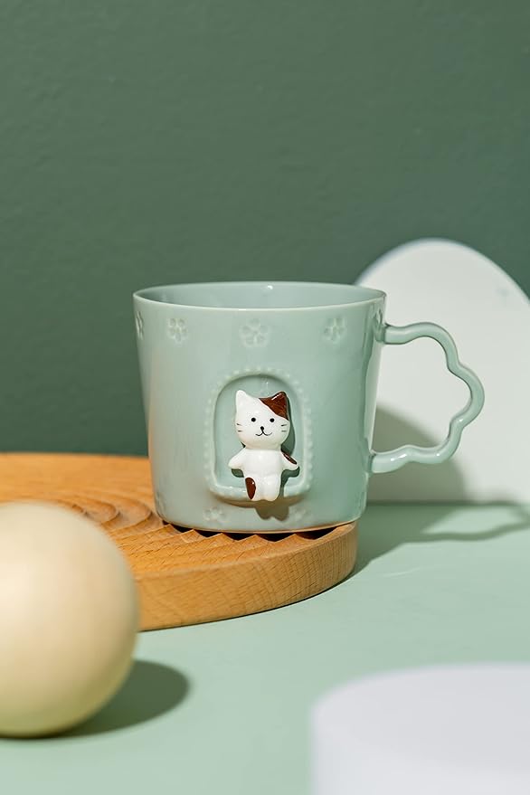 DIHOclub Cat Ceramic Cup Window Animals Mug Cute Cartoon Handmade Figurine Mugs,Holiday and Birthday Gift for Daughter,Son,Kids,9 OZ (Blue)