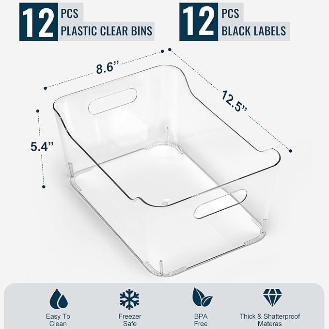 12 PACK Multi-Use Clear Plastic Storage Bins for Organizing w/ Labels - Home, Kitchen, Pantry, Bathroom, Office, Cabinet Shelf Organizer Bins - SOHO Collection, RV, Fridge Organization Containers -XL