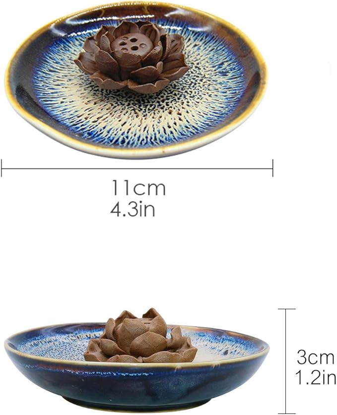 TRENDBOX Ceramic Handmade Artistic Incense Holder Burner Stick Coil Lotus Ash Catcher Buddhist Water Lily Plate - Three Holes Transmutation Glaze