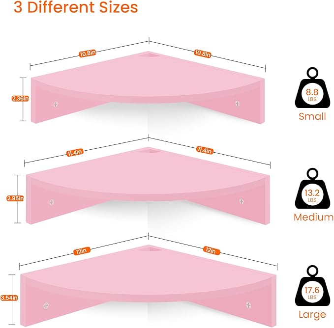Homode Corner Shelf Wall Mount, Set of 3 Corner Floating Shelves with Cable Hole, 3 Tier Wood Corner Hanging Shelves, Living Room Bedroom Bathroom, Pink