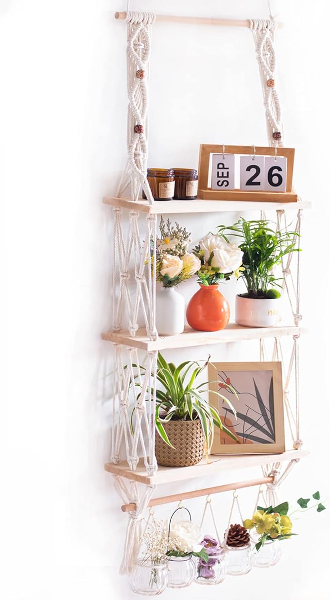 Wall Hanging Shelves Macrame Boho Floating Plant Photos Storage Rack Wood Shelf with Hooks for Bedroom Living Room Bathroom (3tier Shelves)