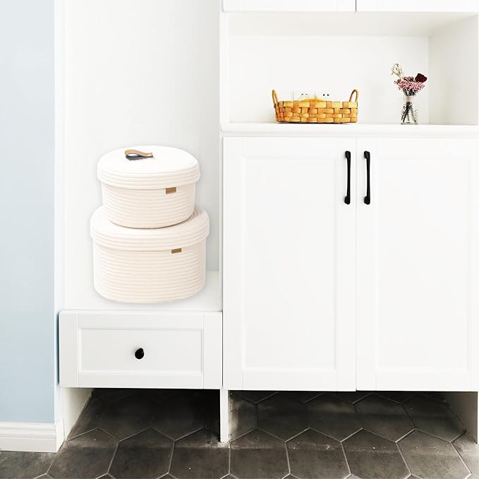 Cotton Basket Set of 2, Round, White, with Genuine Leather Handles, Lidded Storage Baskets for Organizing