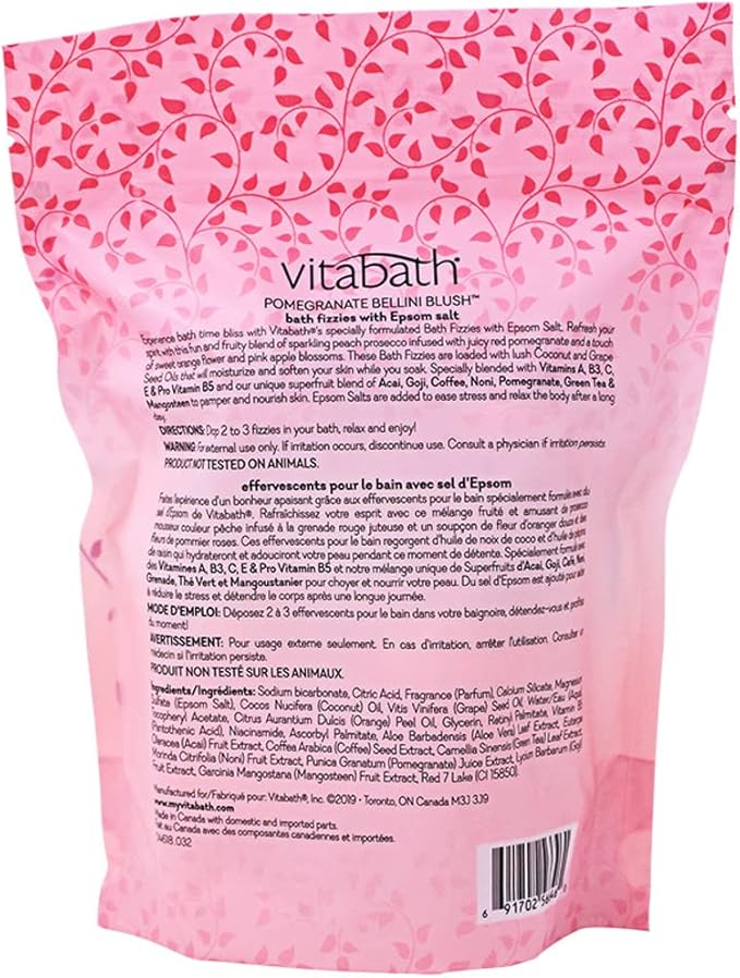 Vitabath Pomegranate Bellini Blush Bath Fizzies with Epsom Salt Relax Nourish Unwind Body & Mind Calming Aromatherapy for Muscle Soreness & Reviving Skin Nourishment - 6 Count