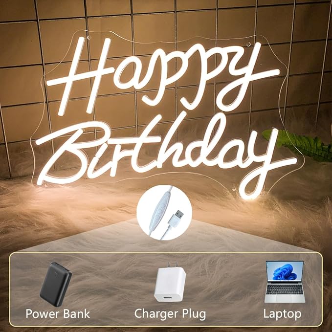 Happy Birthday Neon Sign for Wall Decor, Usb Powered with Dimmable Switch, Reusable Neon Light Sign for All Party Decoration Happy Birthday Signs (16" Warm white)