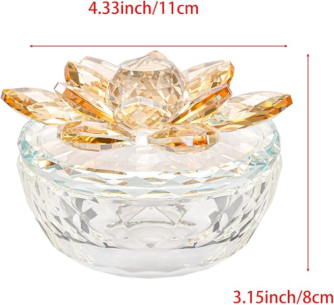 Crystal Jewelry Box Lotus Glass Jewelry Trinket Box with Lid Decorative Box to Ring Earrings Necklace Storage Holder for Home Decor (Gold)