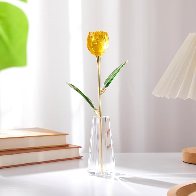 Crystal Tulip Flowers Figurine Collectible- Glass Flowers with Vase,Glass Flower Bouquet Paperweight,Gift for Anniversary Wedding Centerpiece Ornament(Yellow)