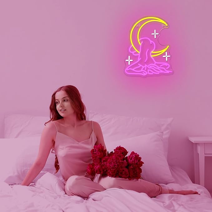 Moon Lady Neon Sign for Wall Decor Dimmable Woman Led Lights Signs Pink Yellow Led Signs for Bedroom decor Neon Light for Bar Party Salon Decoration for Girls' Birthday Gift
