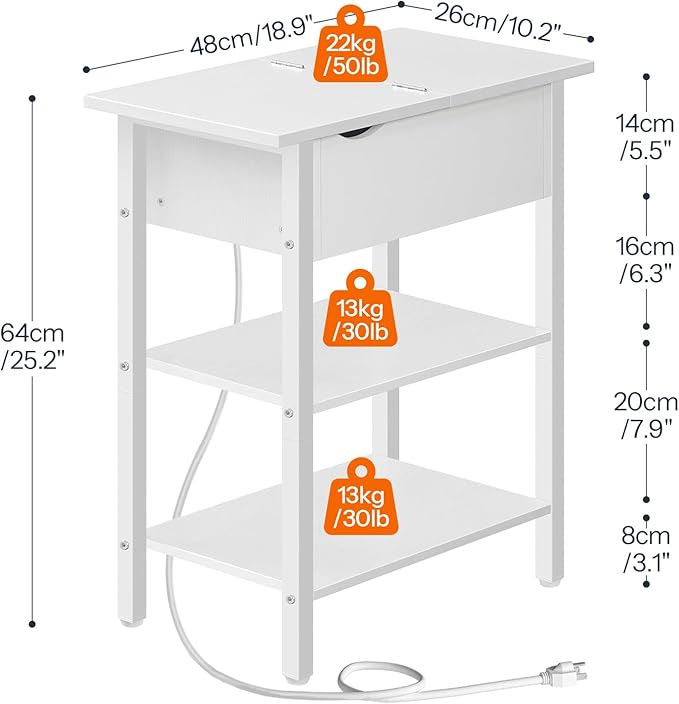 HOOBRO End Table with Charging Station, Narrow Side Table, Flip Top Nightstand with USB Ports and Outlets, Bedside Tables with Shelf for Small Spaces, Living Room, White WT341BZ01