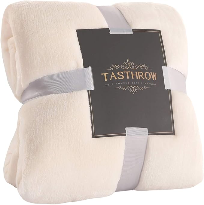 TASTHROW Large Flannel Fleece Throw Blanket, 60×80 Inch - Cozy Lightweight Thick Blanket - All Seasons Suitable for Women, Men and Kids (Cream White)