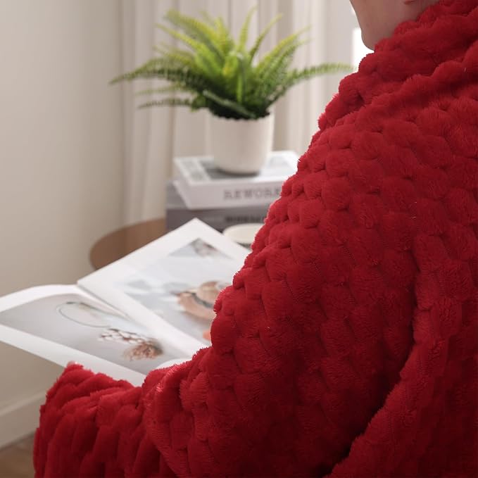 Puncuntex Red Throw Blanket 108"×90" inches Fuzzy 3D Jacquard Decorative Flannel Fleece Super Soft Plush Cozy Blanket for Couch Sofa Chair Lightweight