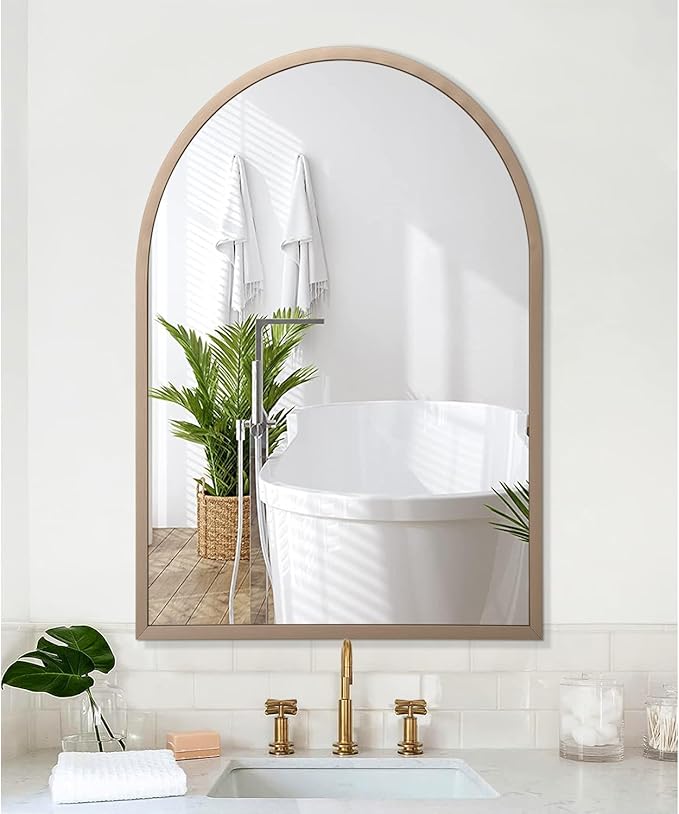 Large Arched Wall Mirror Aluminum Alloy Frame Bathroom Mirror Brushed Metal Vanity Wall Mounted Mirror for LivingRoom Bedroom Entryway Brass 28"x20"