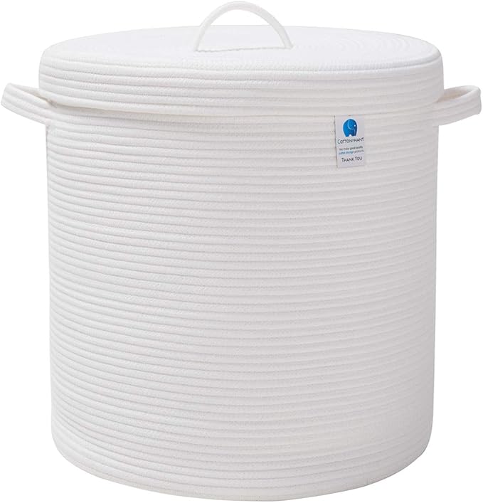 16" x 16" x 18" Extra Large Storage Basket with Lid, Cotton Rope Storage Baskets, Laundry Hamper, Cloth Bin, for Clothes Towels Blankets Pillows Storage in Living Room, Full White Basket with Cover