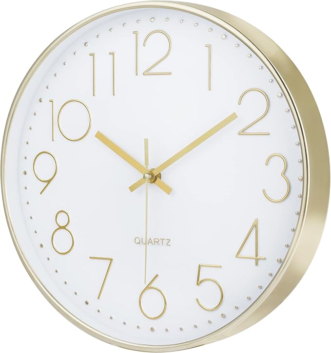 Lafocuse 12 Inch Silent Gold Wall Clock for Living Room Home Decor, Battery Operated Gold Clock Analog for Kitchen