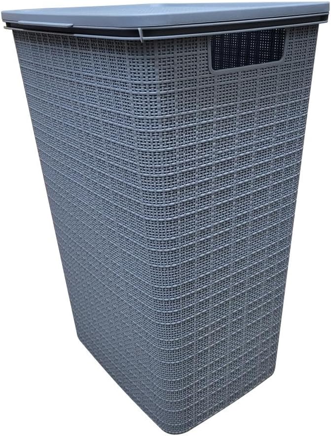 YBM Home Plastic Rattan Laundry Hamper Basket with Hinged Lid, Ventilation Holes, Durable, Lightweight Bin With Cutout Handles, Storage Dirty Clothes, Space Saver, 16.75" x 13.5" x 23.75", Light Grey