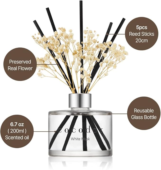 COCODOR Flower Reed Diffuser Set / 6.7oz / Refreshing Air/Scent Diffuser with Sticks Home Fragrance Reed Diffuser for Bathroom Shelf Decor