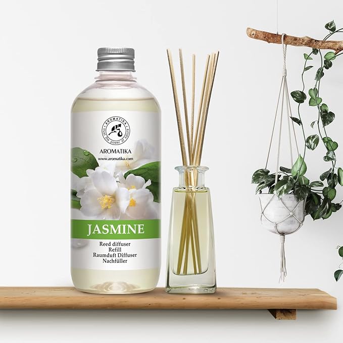 Jasmine Reed Diffuser Refill w/Natural Essential Jasmine Oil - 3x17 Fl Oz - Fresh & Long Lasting Fragrance - Scented Reed Diffuser Oil Refill - Best for Aromatherapy - SPA - Home
