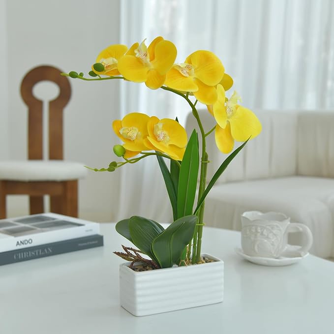 Artificial Real Touch Orchid Flowers in Pot Fake Phalaenopsis Flower with White Ceramic Vase Faux Orchids Arrangement for Home Table Office Wedding Party Decoration (Yellow)