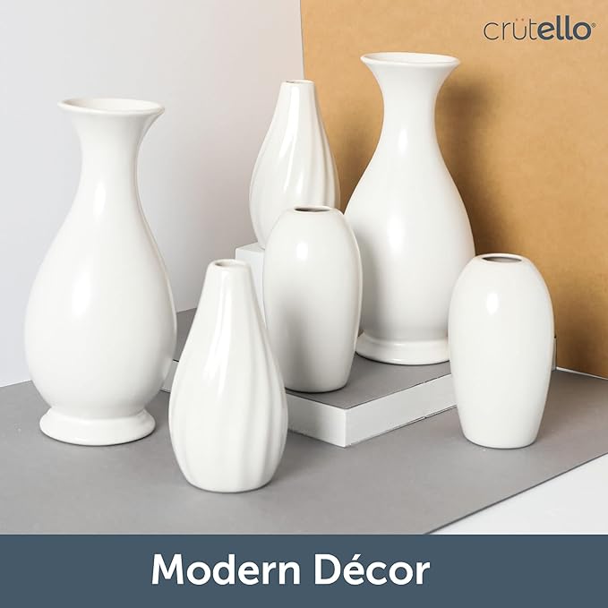 Crutello Ceramic Vase Set of 6 White Decorative Glossy Vases - Classic Small Bud Vases for Classic Decor, 6 Pack White Small Bud Vase, Perfect for Any Event Decoration