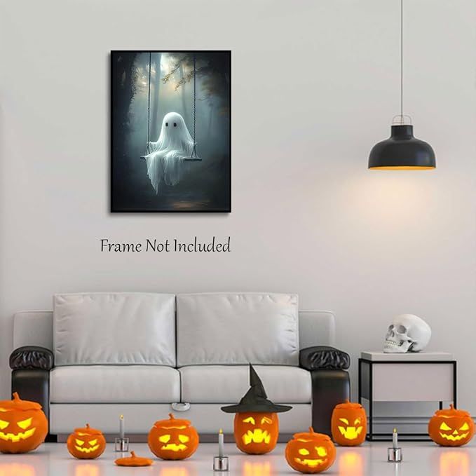 ILLBDR Cute Ghost Canvas Wall Art Halloween Decor Vintage Painting, Spooky Silhouette Ghost Haunted House Art, Bedroom Gothic Decor Ready to Hang, 12x16 Inch Unframed